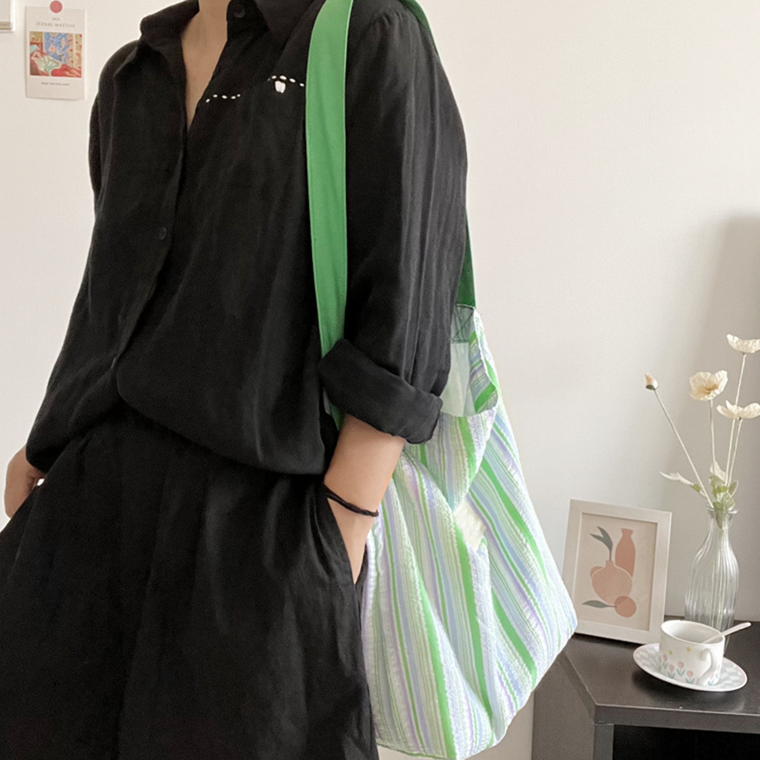 Large Capacity Polyester Striped Tote Bag 7