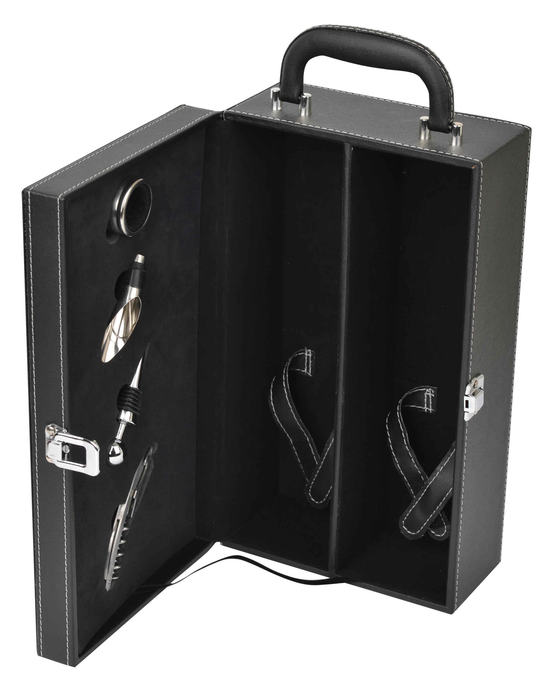 4 PC Wine Set in a Black Leatherette Case w/2 bottle support 4