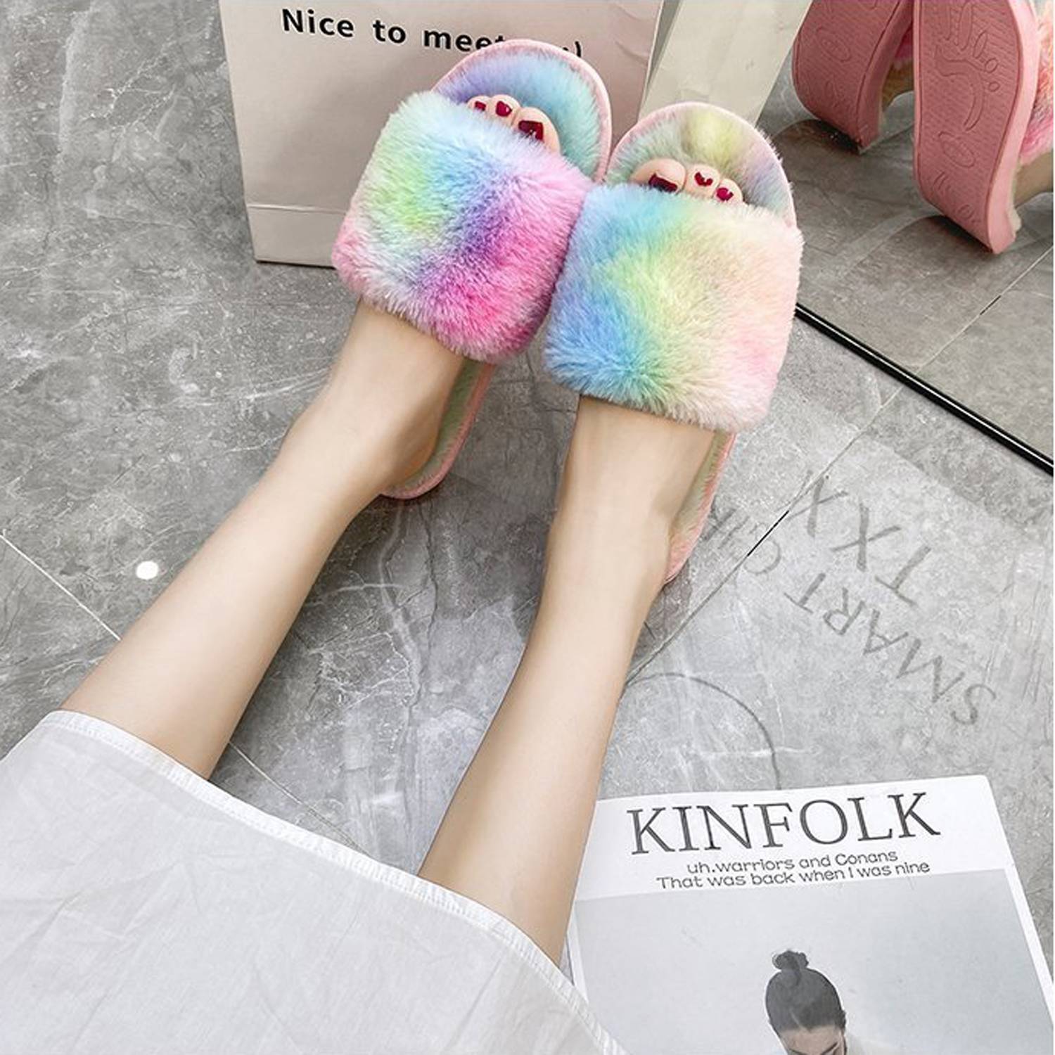Soft Sole Anti-Slip Rainbow Plush Home Slippers 5