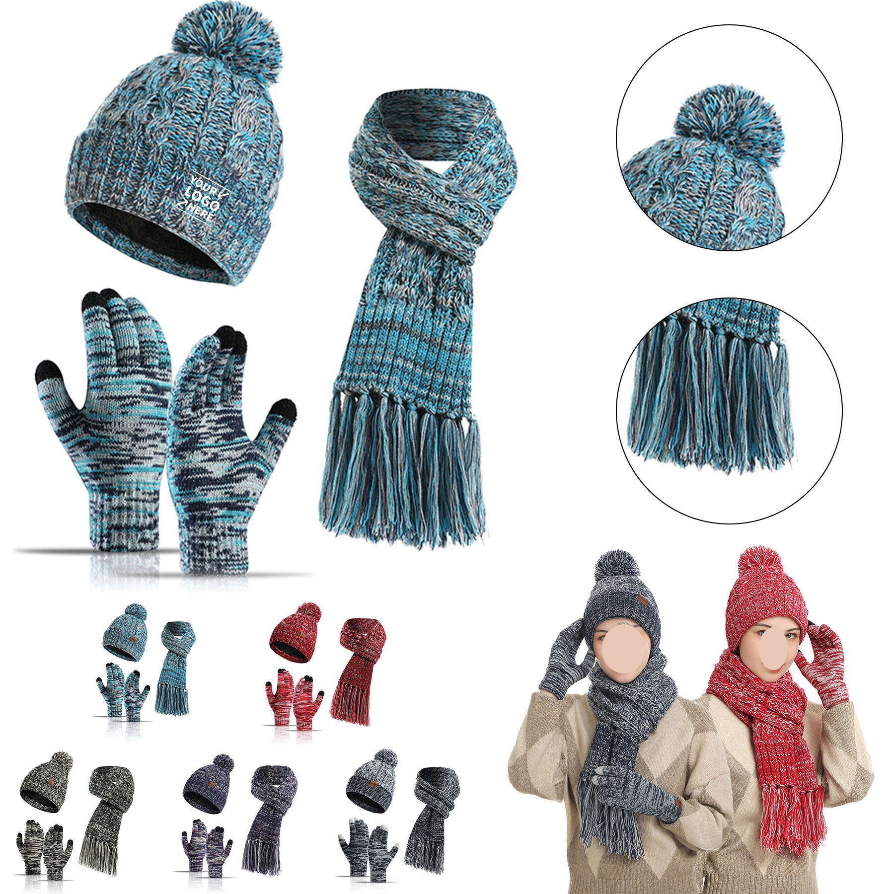 3 in 1 Pom Pom Hat Long Scarf and Touch Screen Gloves 4