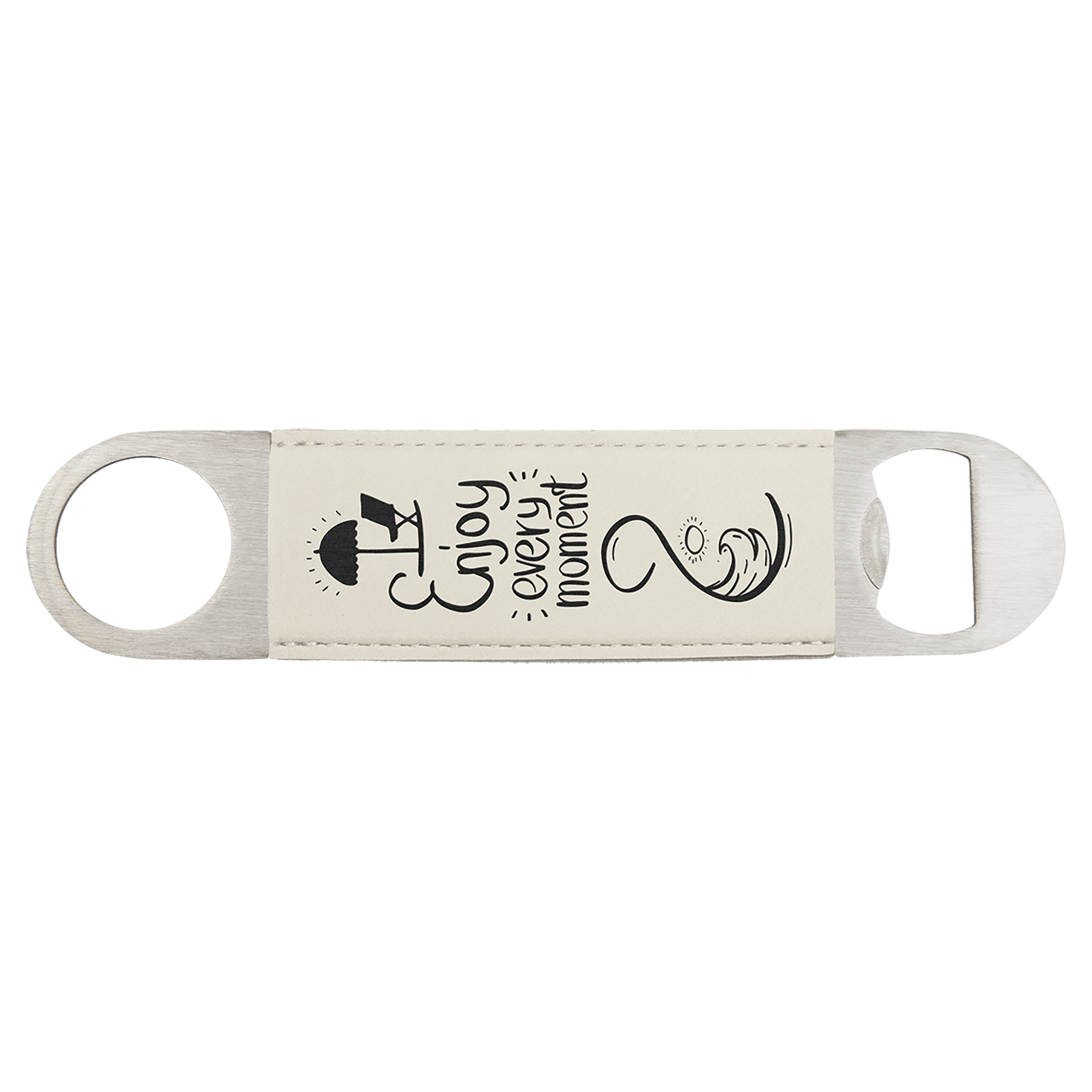 1 1/2" x 7" White/Black Leatherette Bottle Opener 1