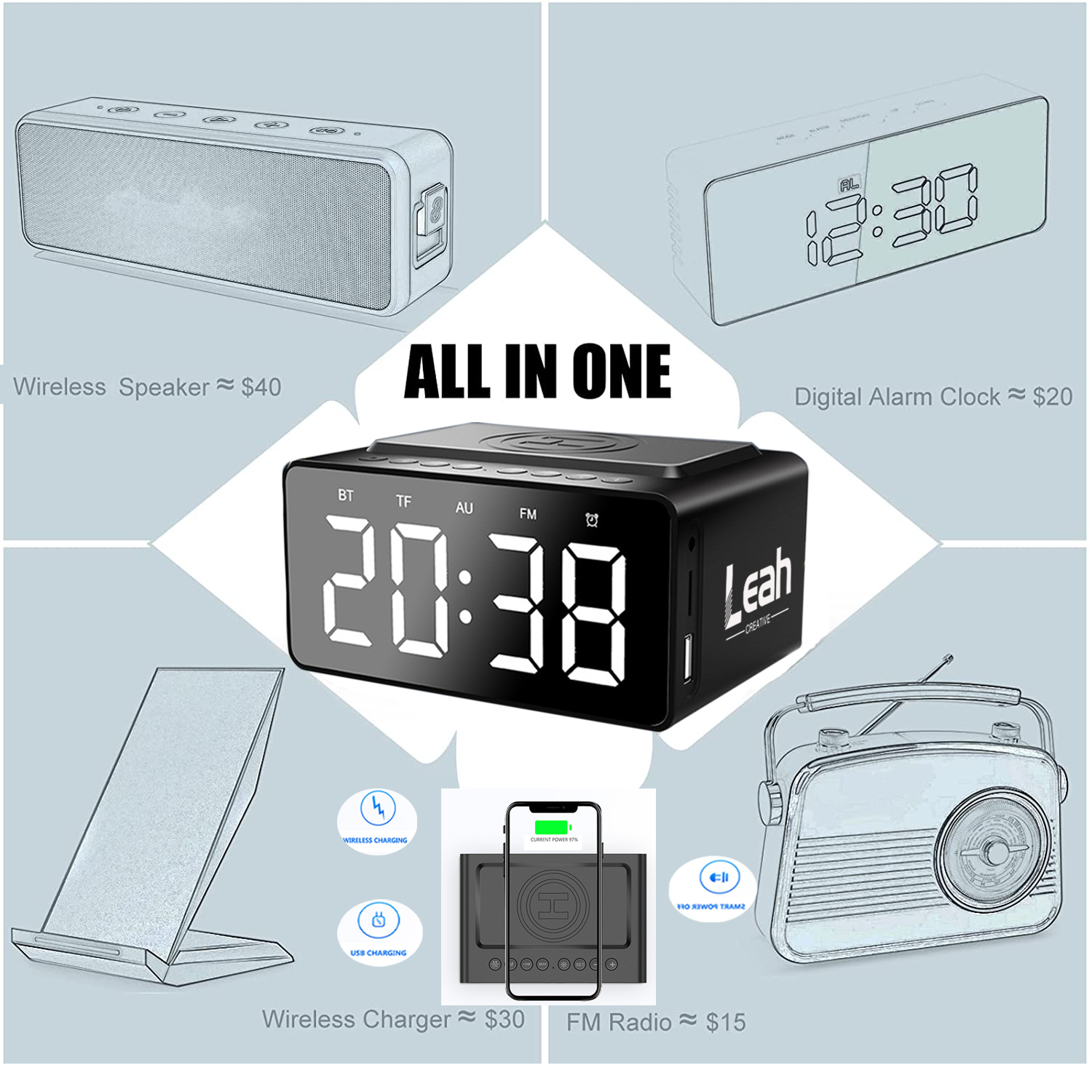 Alarm Clock With Wireless Charging And Speaker 2