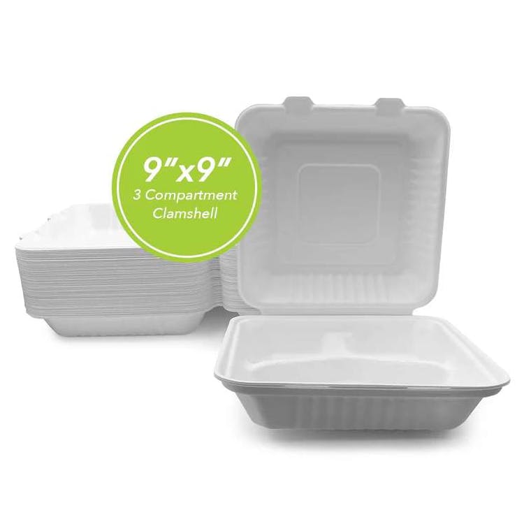 Three Leaf 9"x9" 3 Compartment Bagasse Clamshell 100 Pack 2