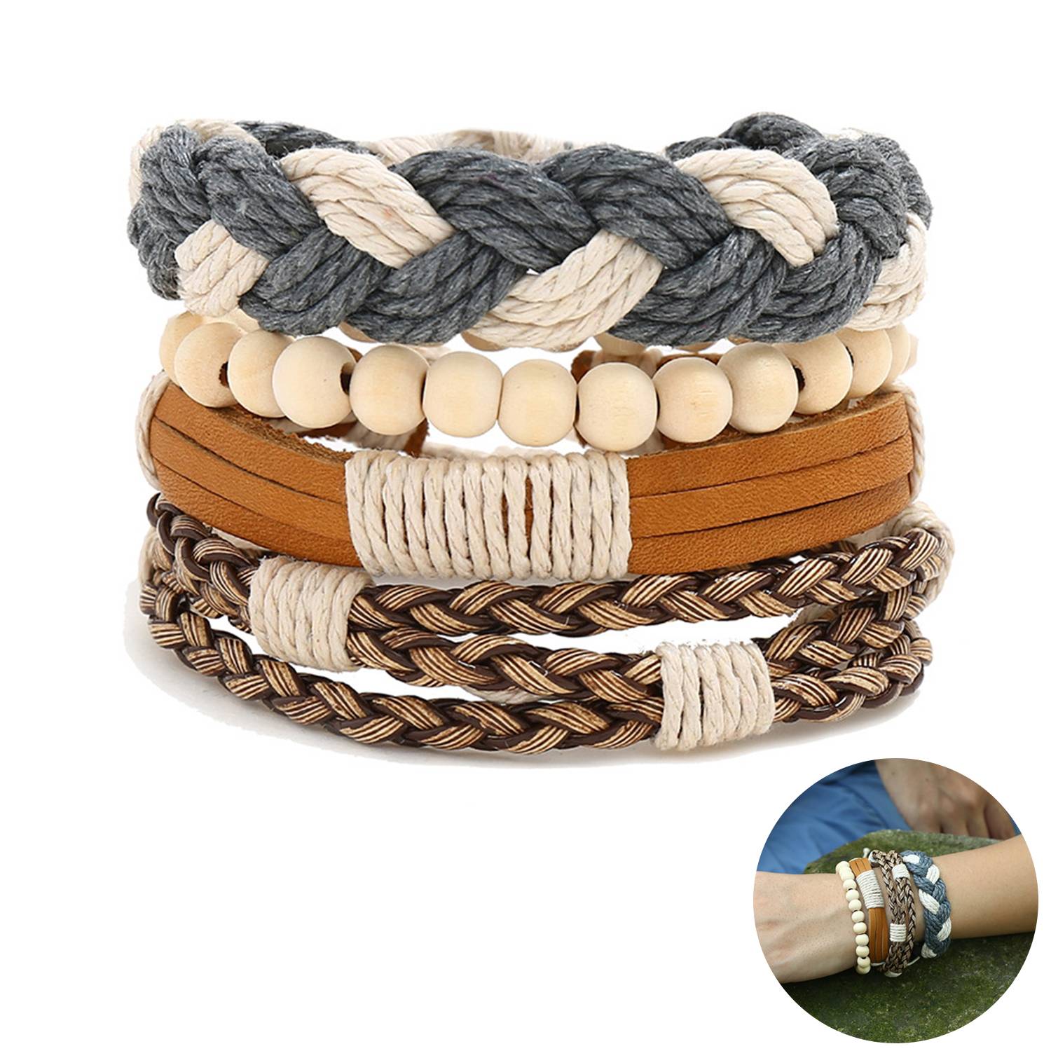 Jute Woven wooden beads men's bracelet 5