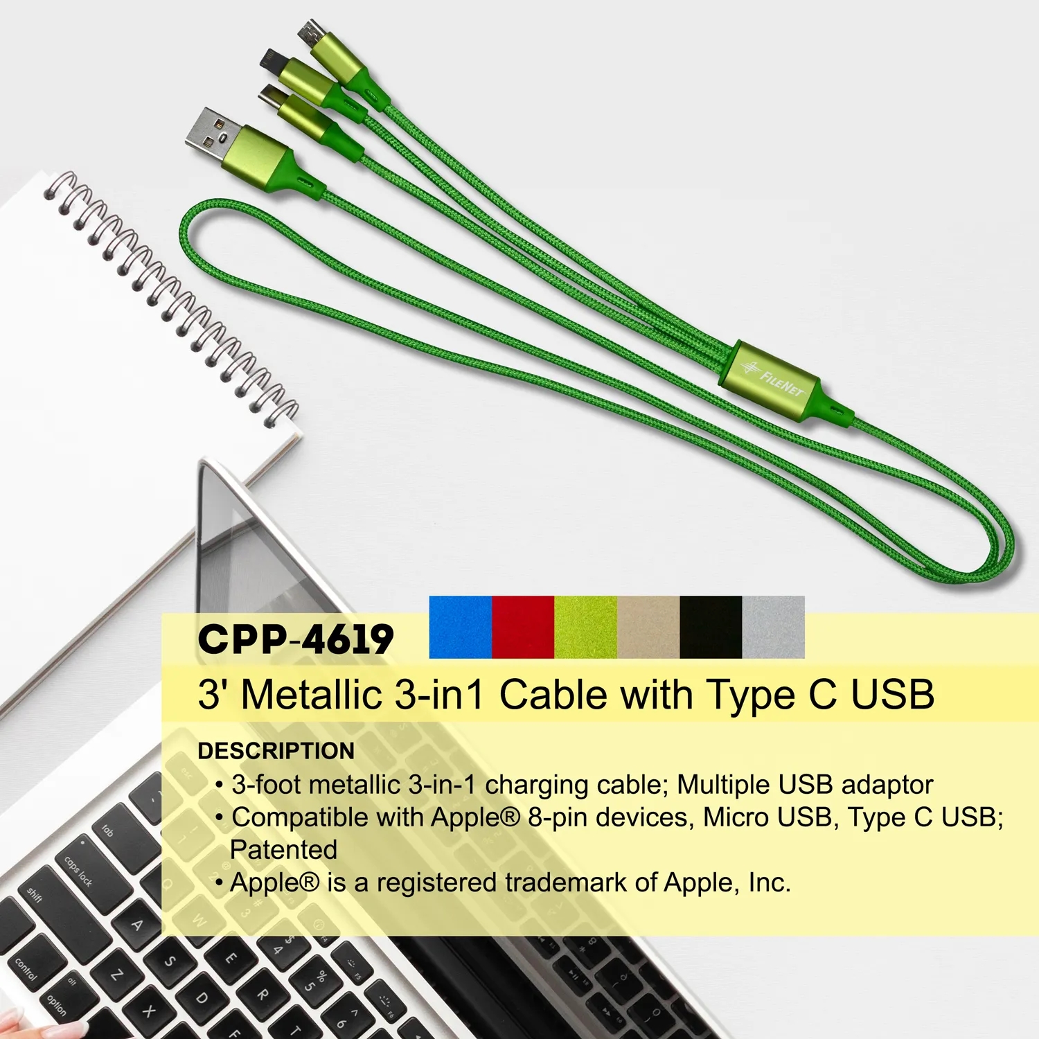 3' METALLIC 3-IN-1 CABLE WITH TYPE C US 4