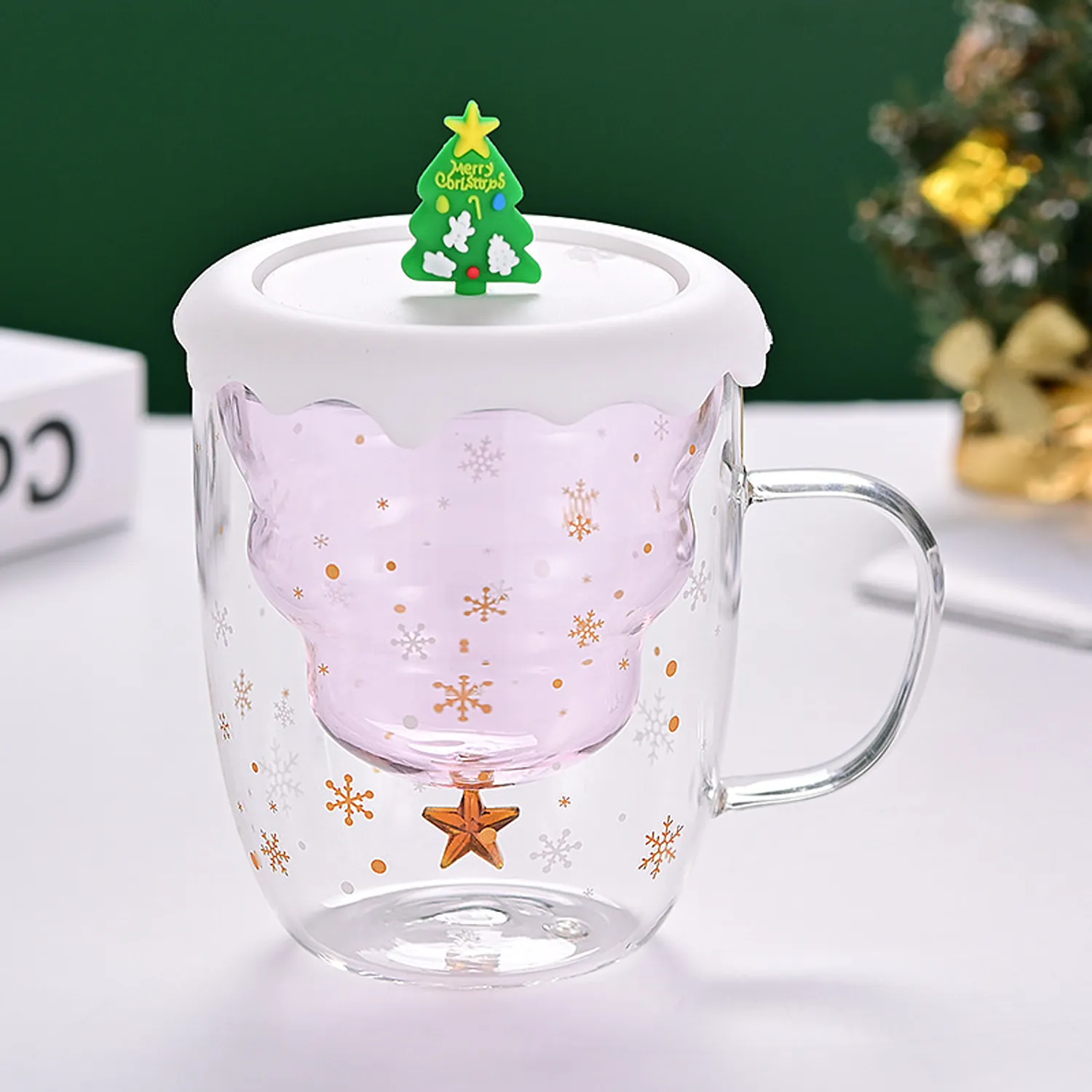 Christmas Tree Double Wall Insulated Glasses Mugs with Lid 4