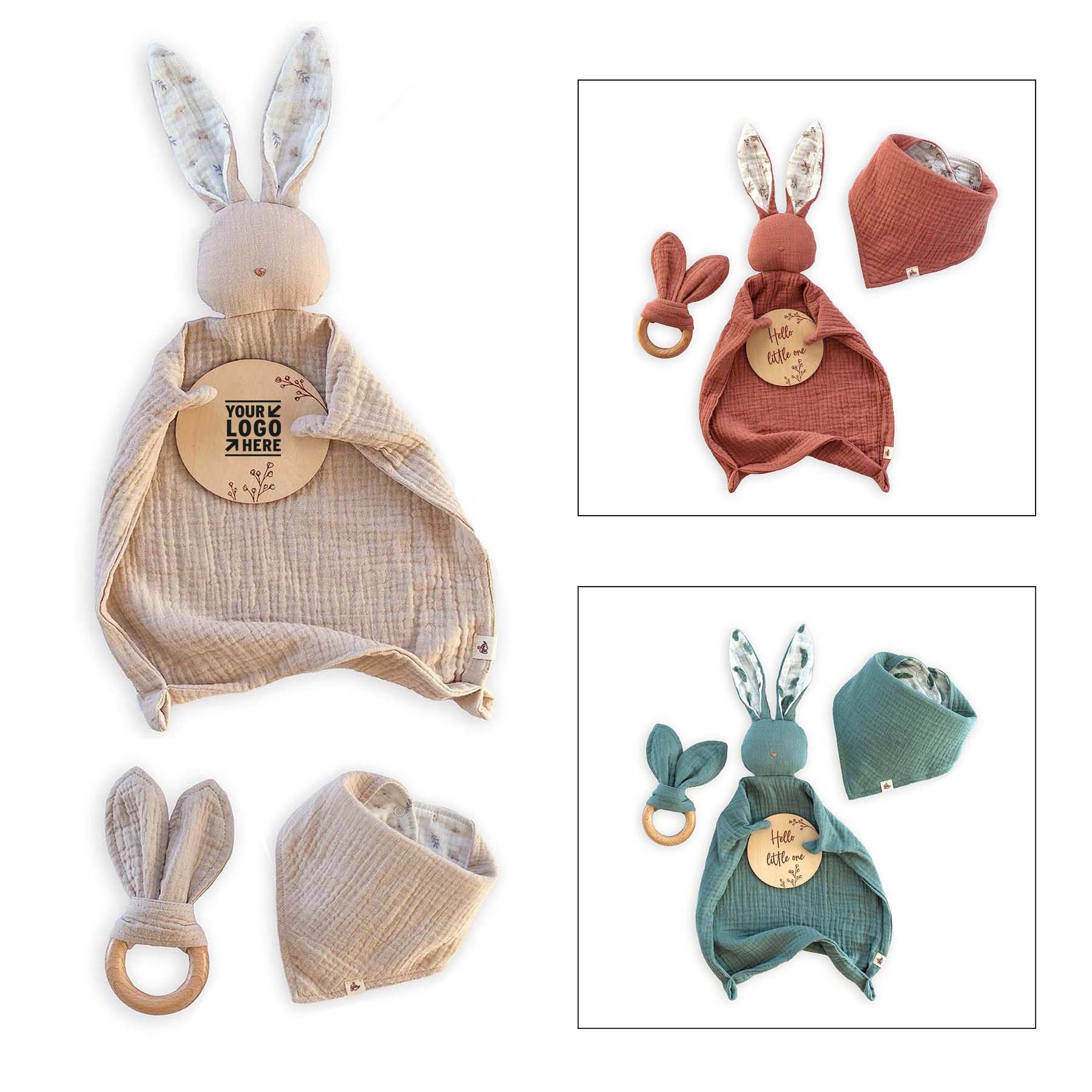 Lovey Cotton Blanket Bib Wooden Teether Baby Announcement Sign Newborn Gift Set 2