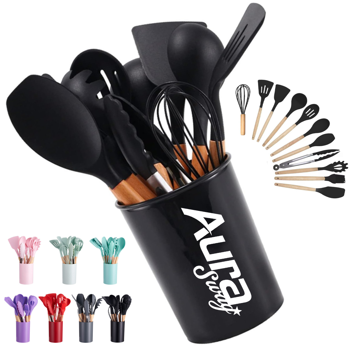 12-Piece Silicone Kitchen Utensil Set with Wood Handles 8