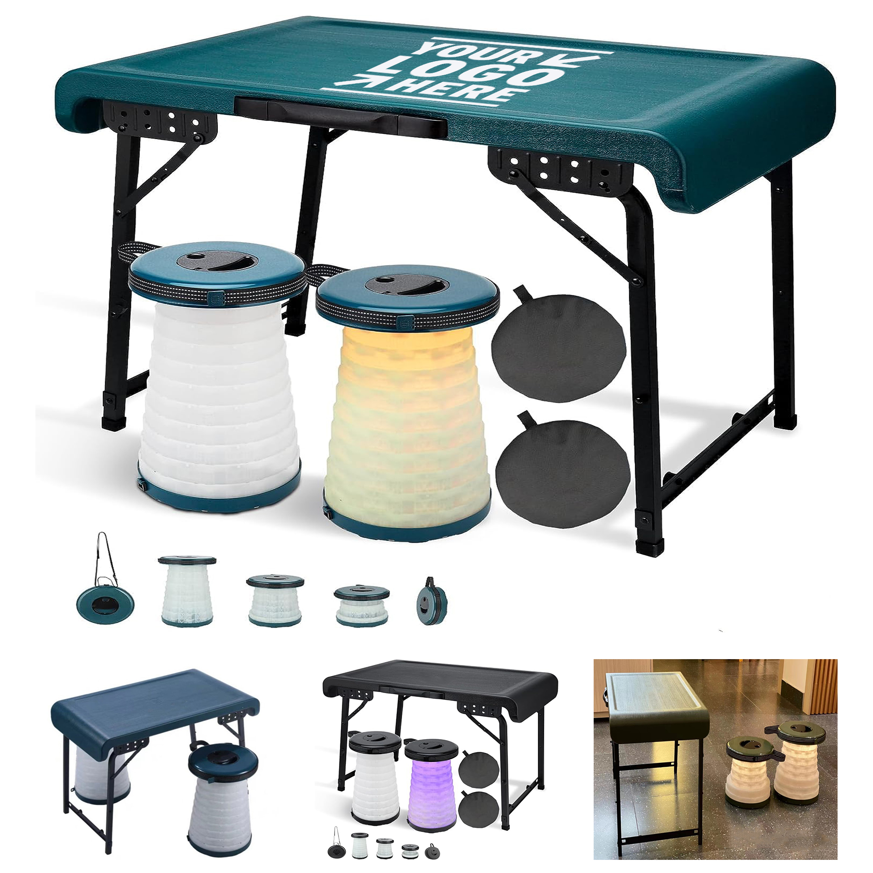 3 Lightting Modes Height Adjustable Indoor Outdoor Portable Folding Stool Telescopic Table Set 2