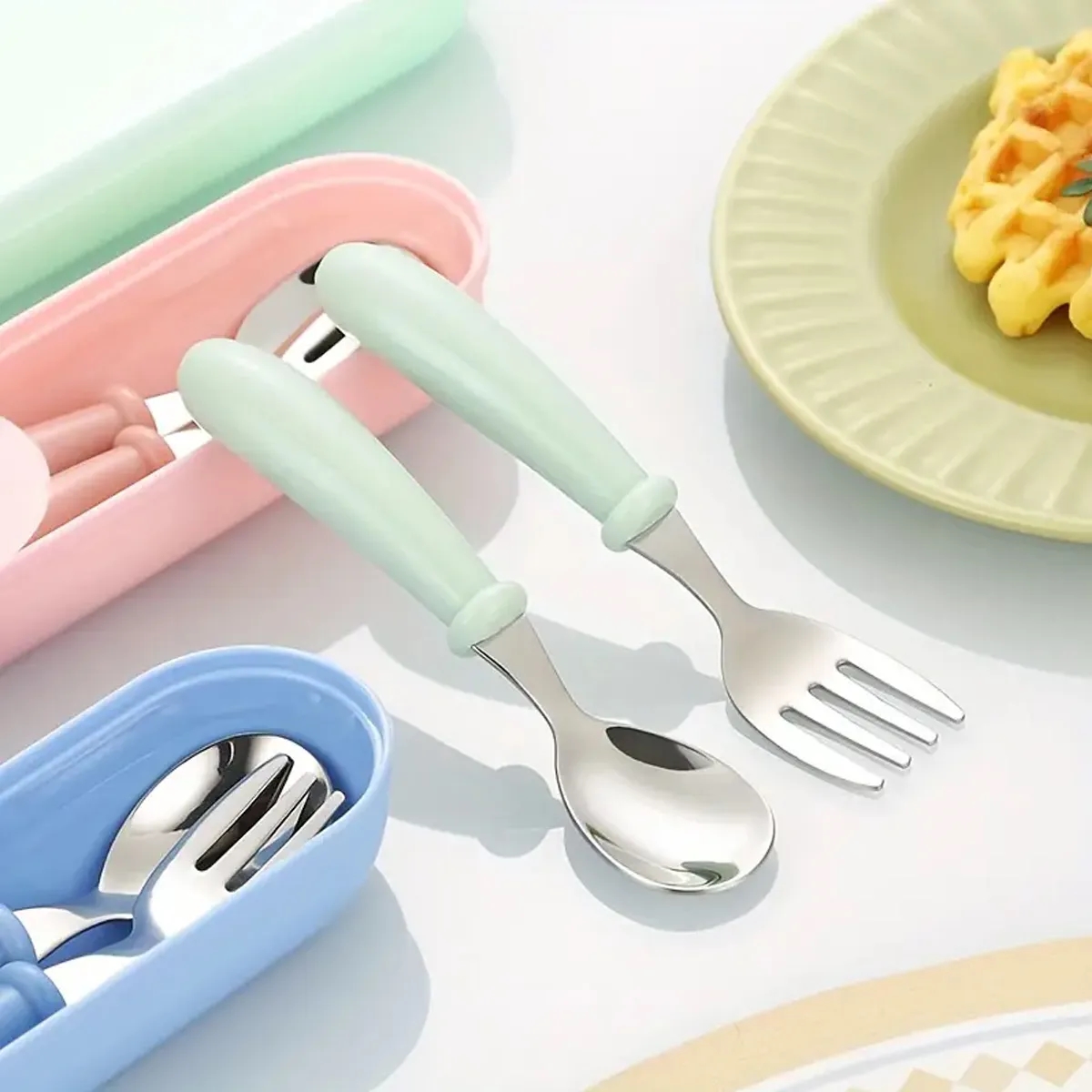 Baby Stainless Steel Cutlery Fork And Spoon Three Piece Set 2