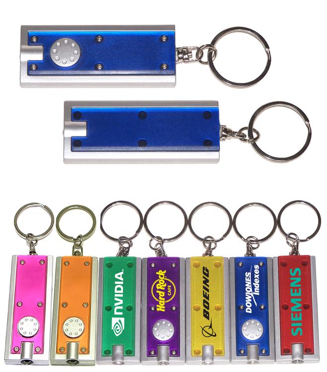 Slim rectangular flash light with swivel key chain, blue