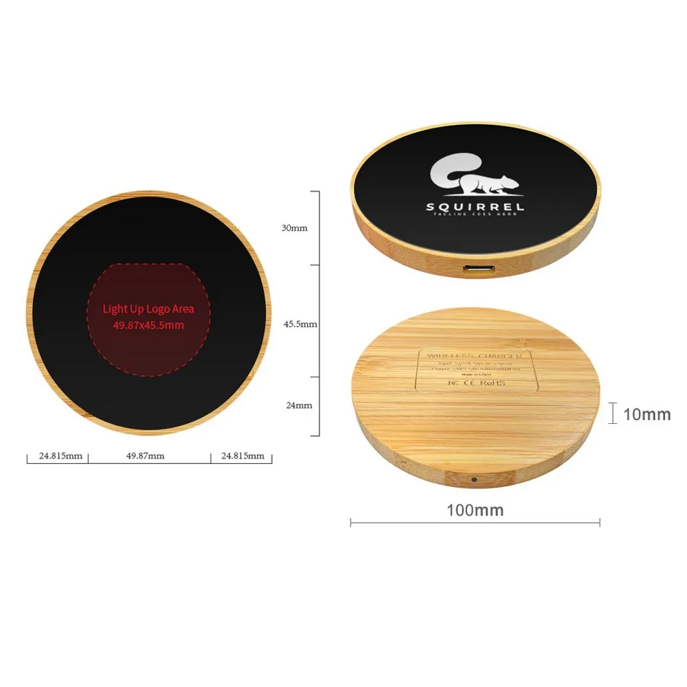 15W Light-up Logo Wireless Charging Pad-Bamboo 3