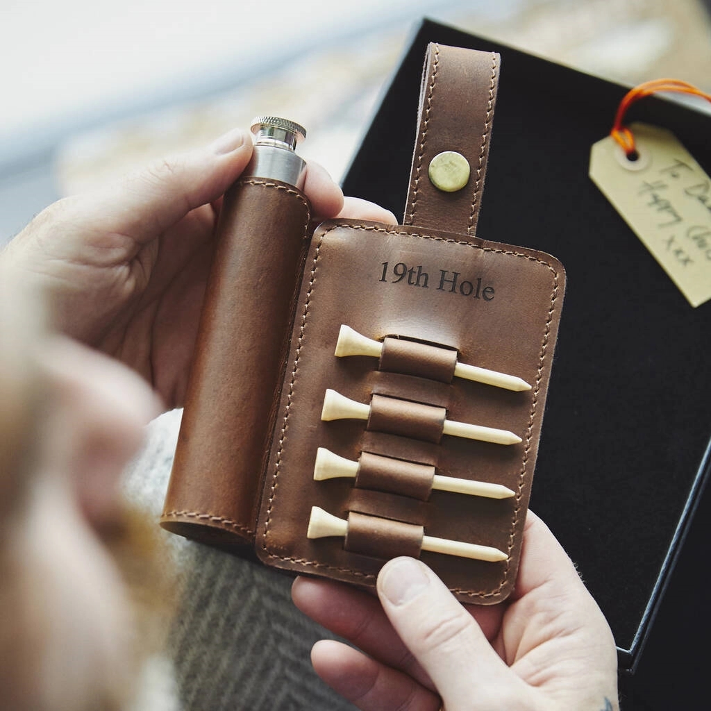 LEATHER GOLF TEE HOLDER & HIP FLASK 2
