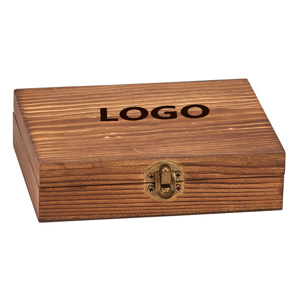 Wood Box w/9 Whiskey Stones, Stainless Steel Tongs & Pouch 1