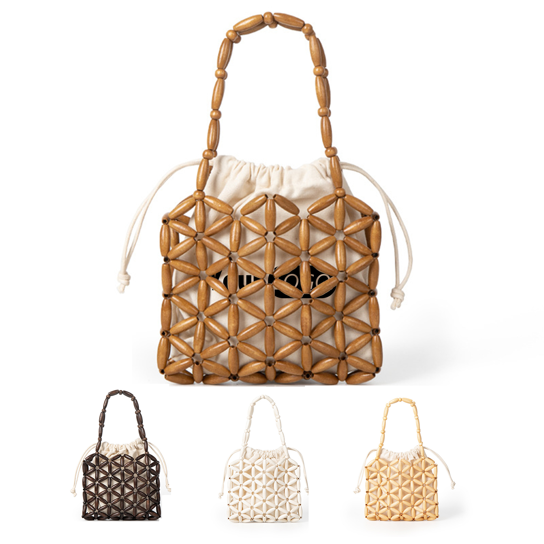 Wooden cutout tote bag with a canvas drawstring bag inside 2