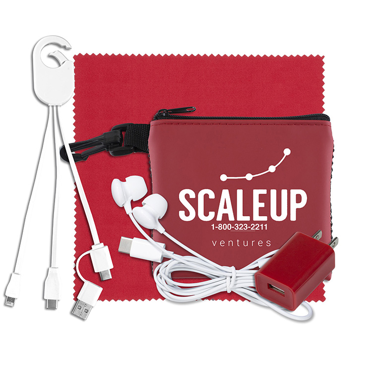 “TechMesh Clip” Mobile Tech Accessory Kit in Mesh Zipper Pouch Components inserted into Zipper Pouch 6