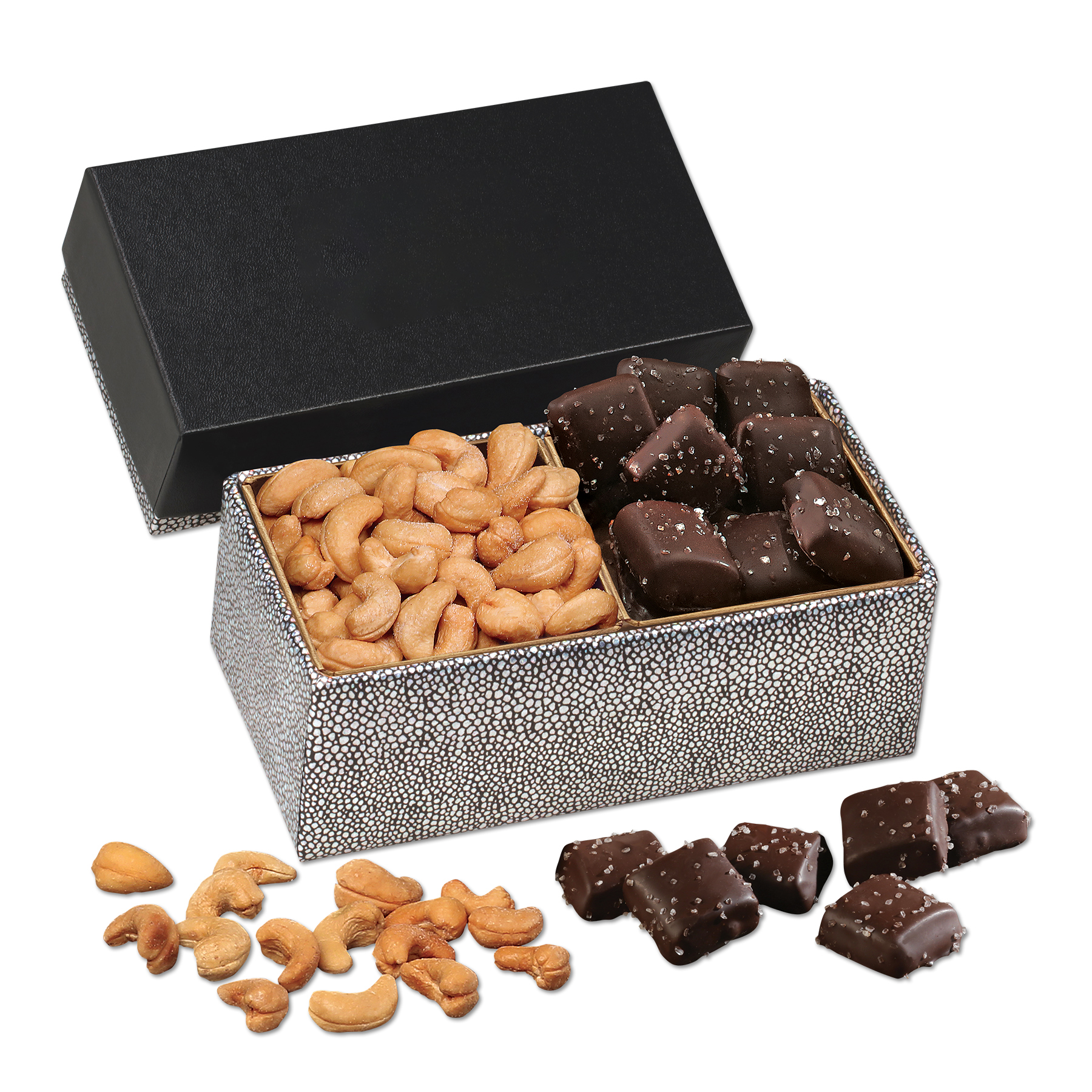 Cashews & Chocolate Sea Salt Caramels in Black & Silver Gift Box 1