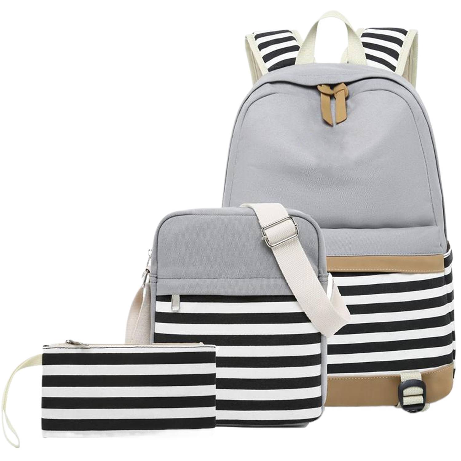 3Pcs Women Lightweight Stripe Canvas Backpack Set 8