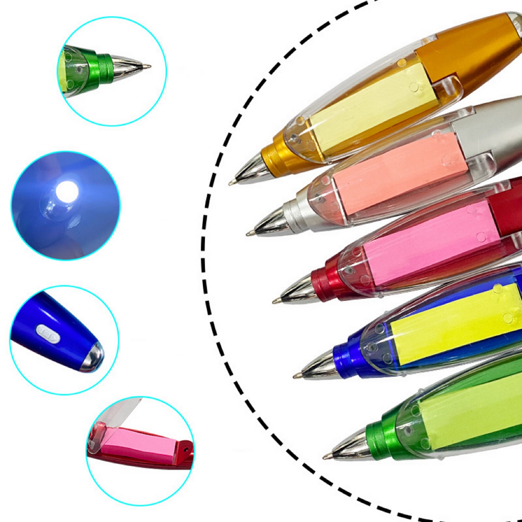 Functional Ball Point Pen with Sticky Notes/Flashlight