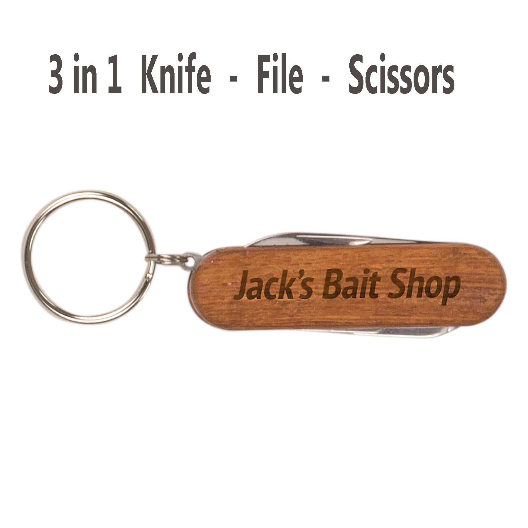 2 1/4" WOODEN 3-FUNCTION POCKET KNIFE W/ KEYCHAIN 1