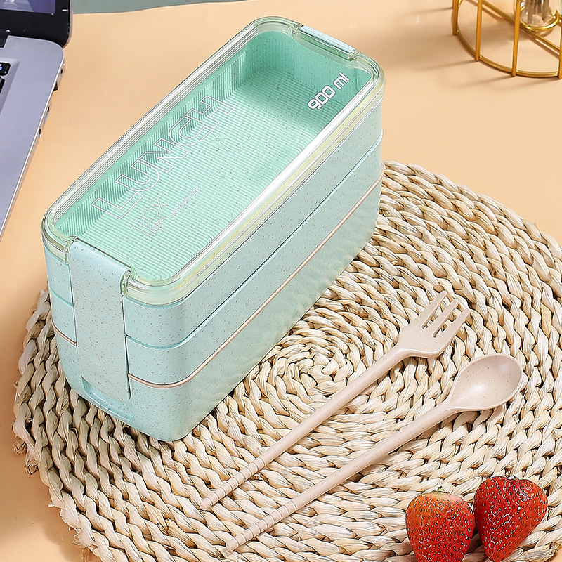 Three Layers Outdoor Picnic Wheat Plastic Bento Box 6