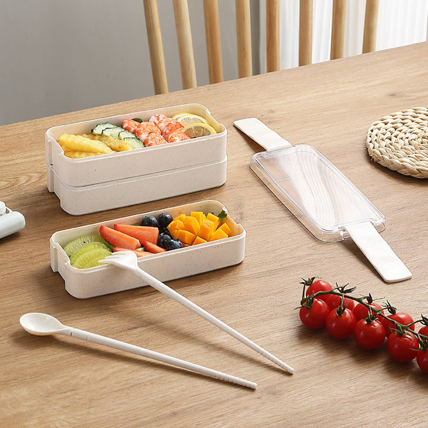 3 Tiers Wheat Straw Lunch Box w/Utensils 8