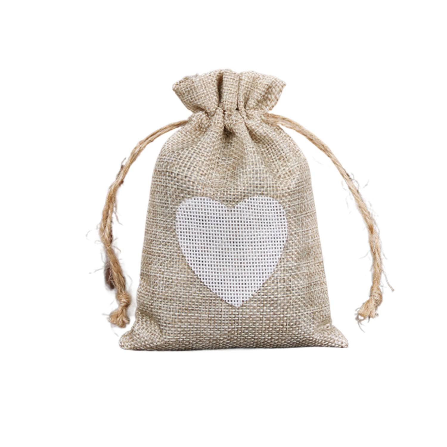 Small Linen Burlap Heart Drawstring Pouch Candy Gift Bag 7