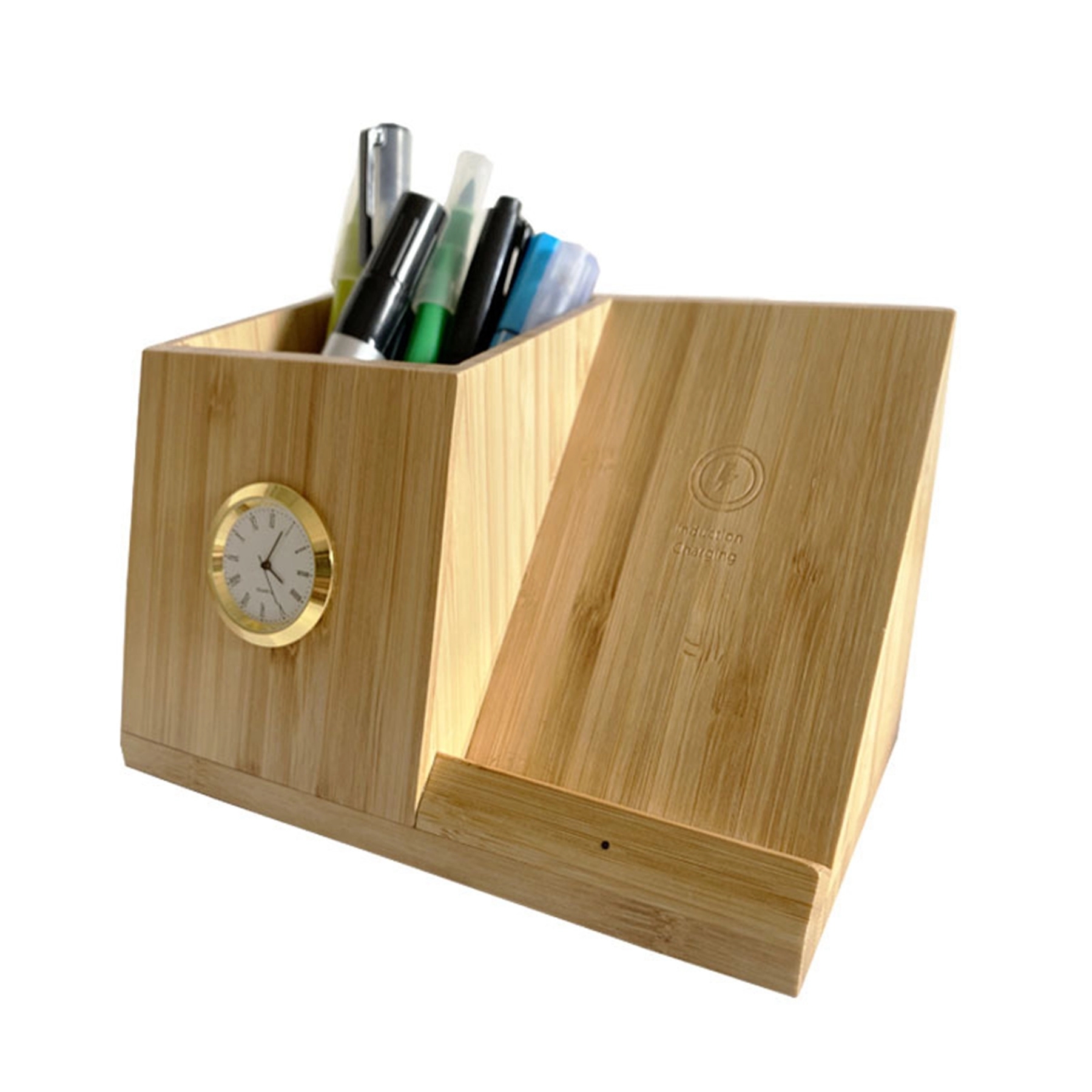 10 W Bamboo Wireless Charger Organizer with Clock 1