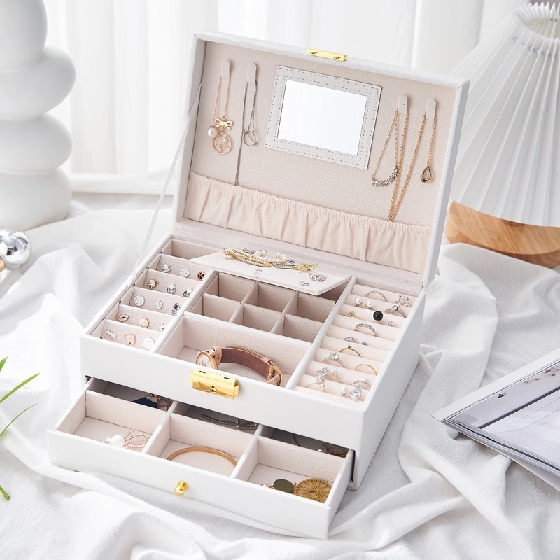 Custom 2-Layer PU Jewelry Organizer Box with Drawer & Mirror 11