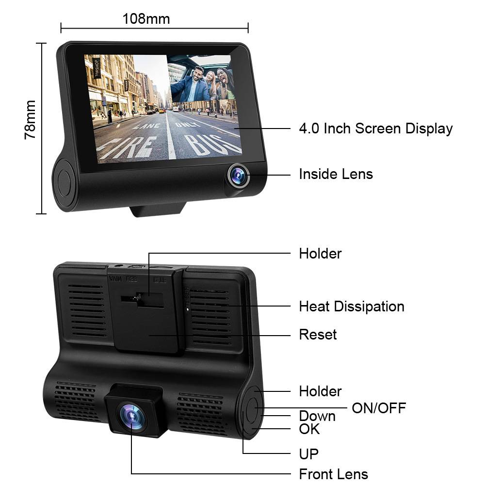 4-Inch 3 Lens 1080p HD Dash Cam Recorder 7