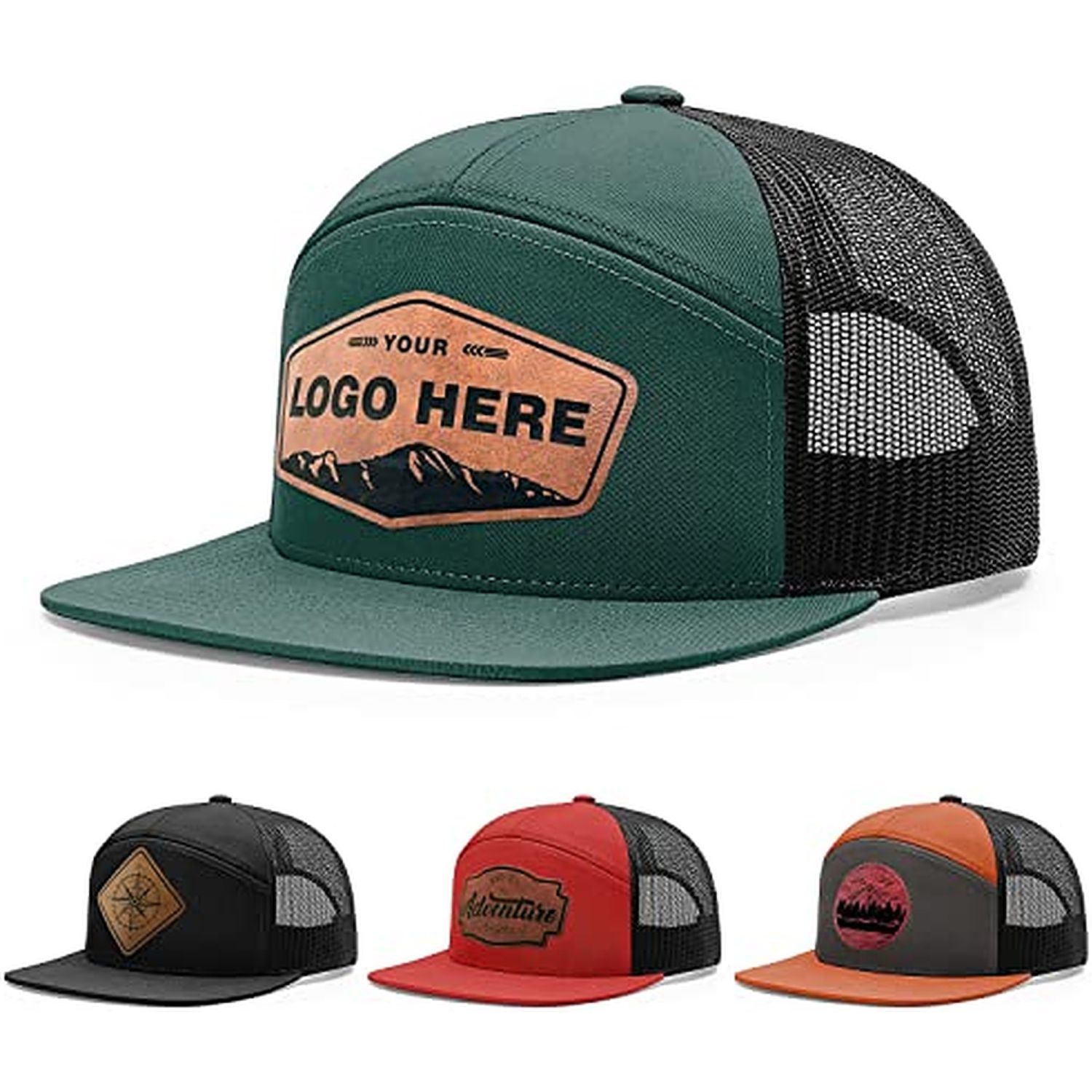 Premium 7-Panel Mesh Back Cap Flat Bill Trucker Hat with Snapback Closure 6
