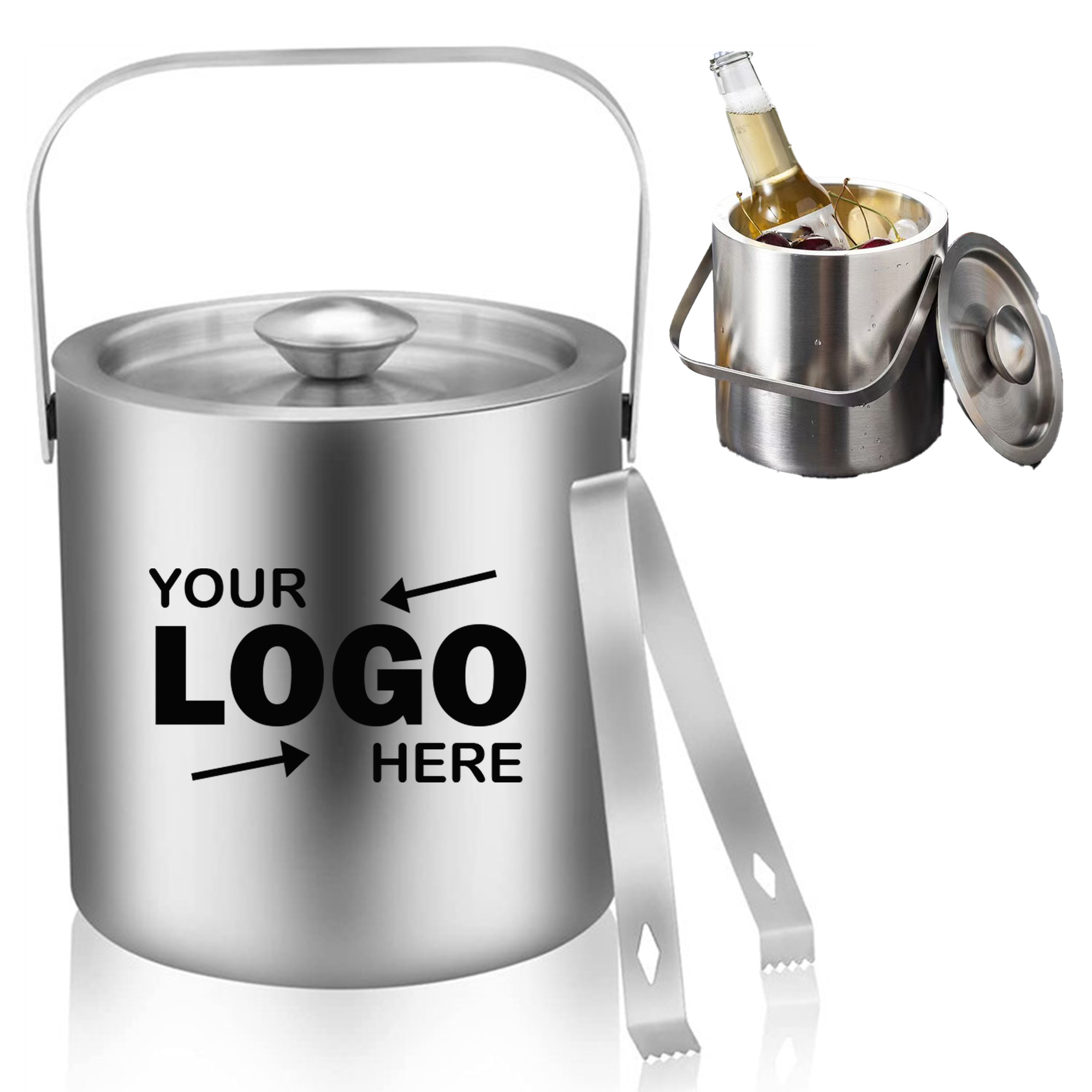Customizable 304 Stainless Steel Insulated Ice Bucket with Tongs Set 2