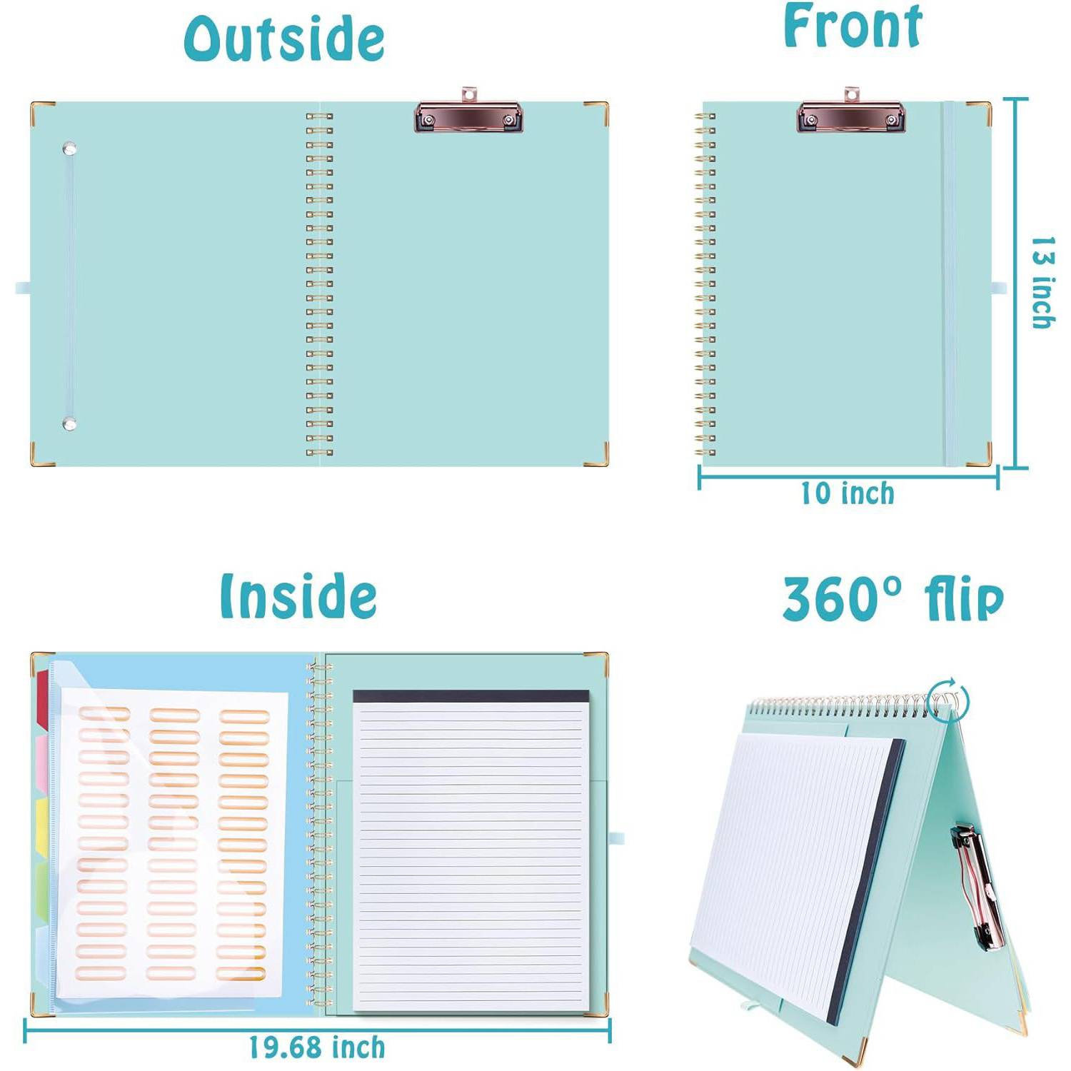 Foldable Spiral Clipboard w/ 10 Storage Pockets 6