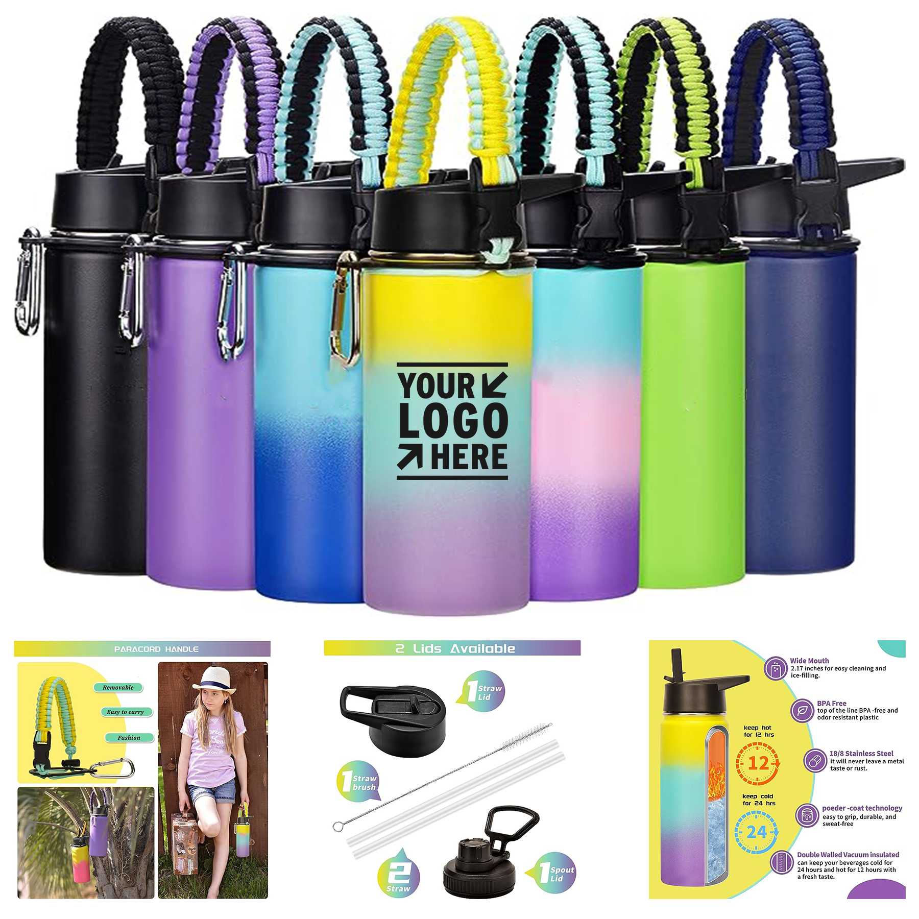 Double Wall BPA-Free Stainless Steel Mouth Straw Spout Lid Paracord Handle Insulated Water Bottle, custom water bottle with logo imprint 2