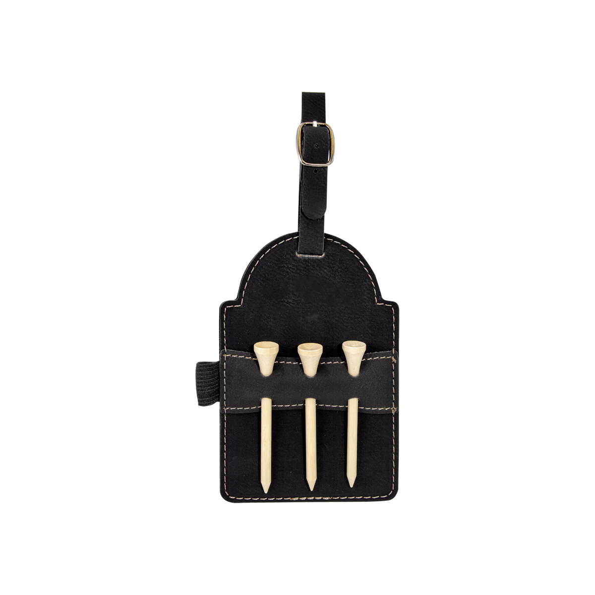 3" x 5" Black/Gold Leatherette Golf Bag Tag w/ 3 Wooden Tees 2