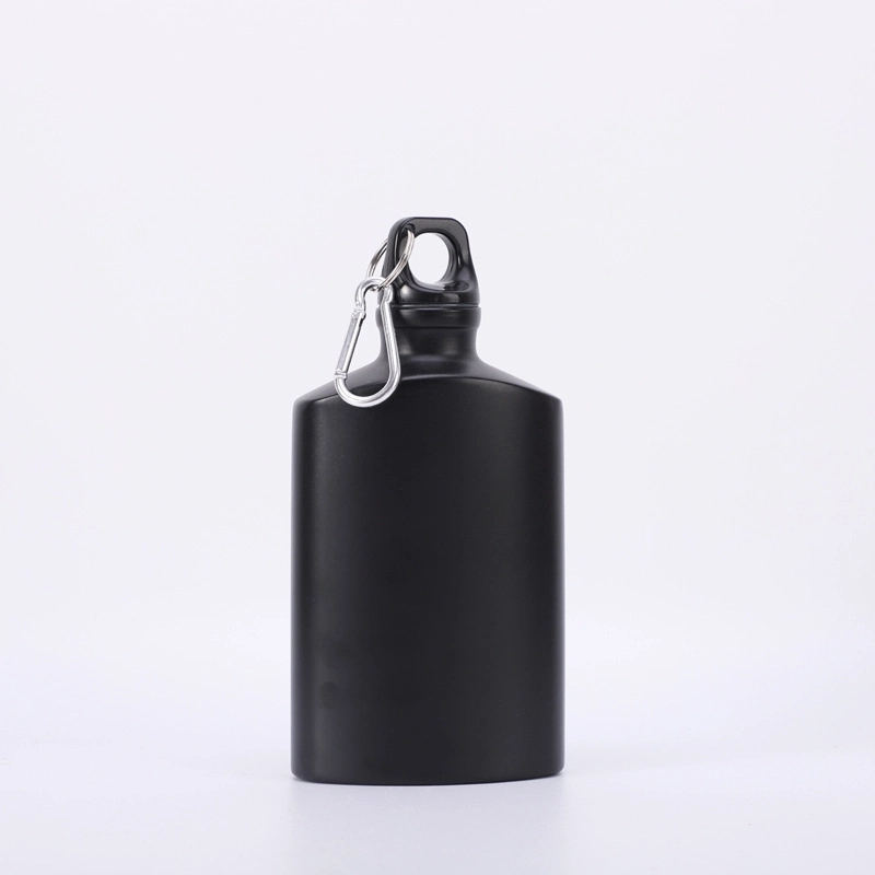 Flat Aluminum Water Bottles With Silver Carabiner, custom water bottle with logo imprint 2