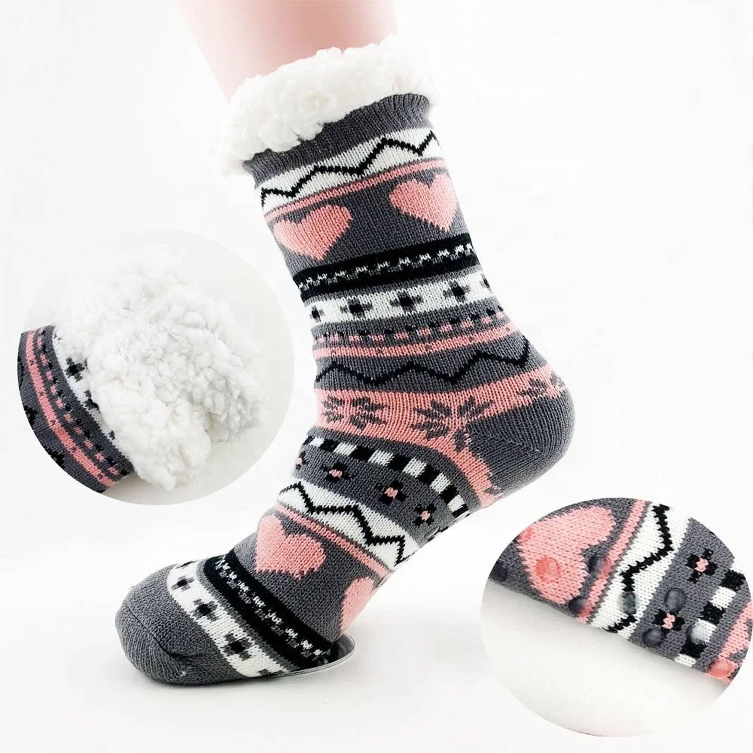 Women's Non-Slip Crew Socks - Hearts Sherpa-Lined 5