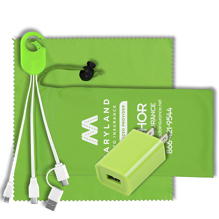 "Pacifica " Mobile Tech Wall Charging Kit in Microfiber Cinch Pouch 12
