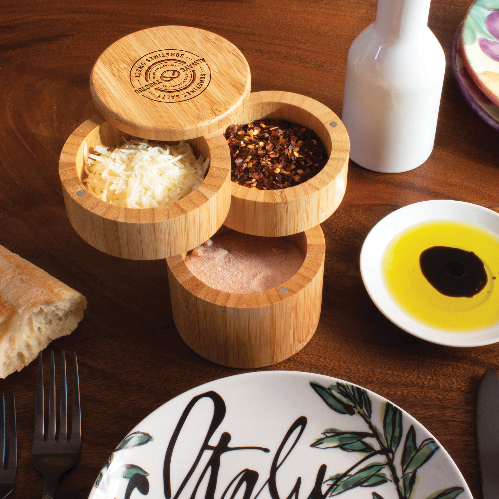Tiered Triple Bamboo Salt Box with Magnetic Swivel Lids 4