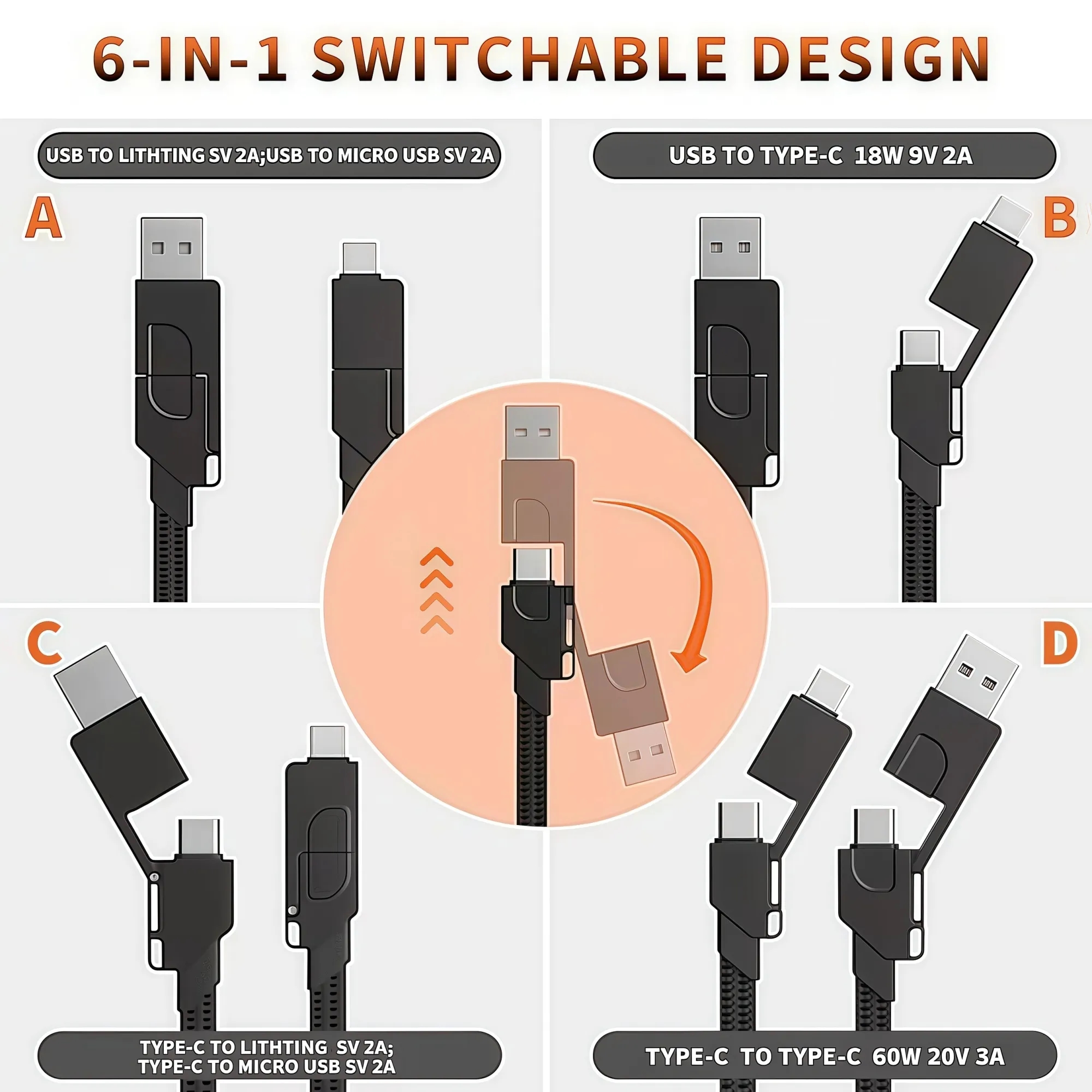 MOQ 60W 6 in 1 Charging Cable for Travel Portable Keyring 2