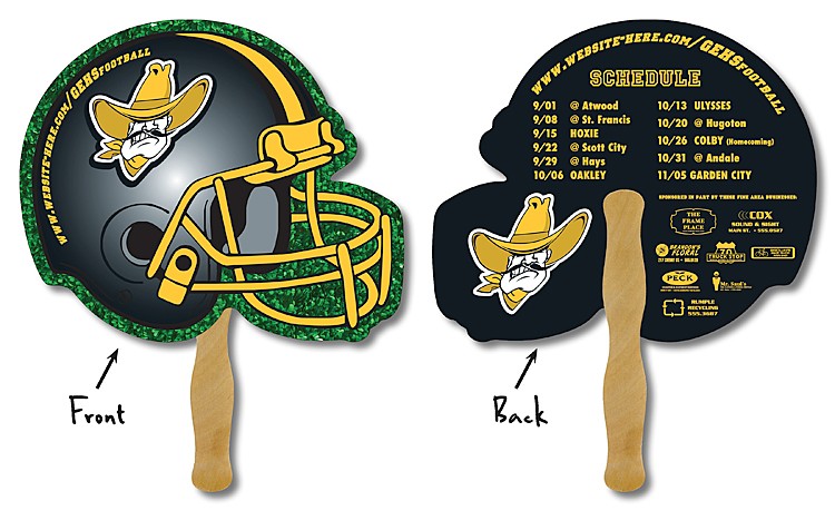 School Hand Fan - 10 x 8.5 Football Helmet Shaped Laminated - 14 pt. 2