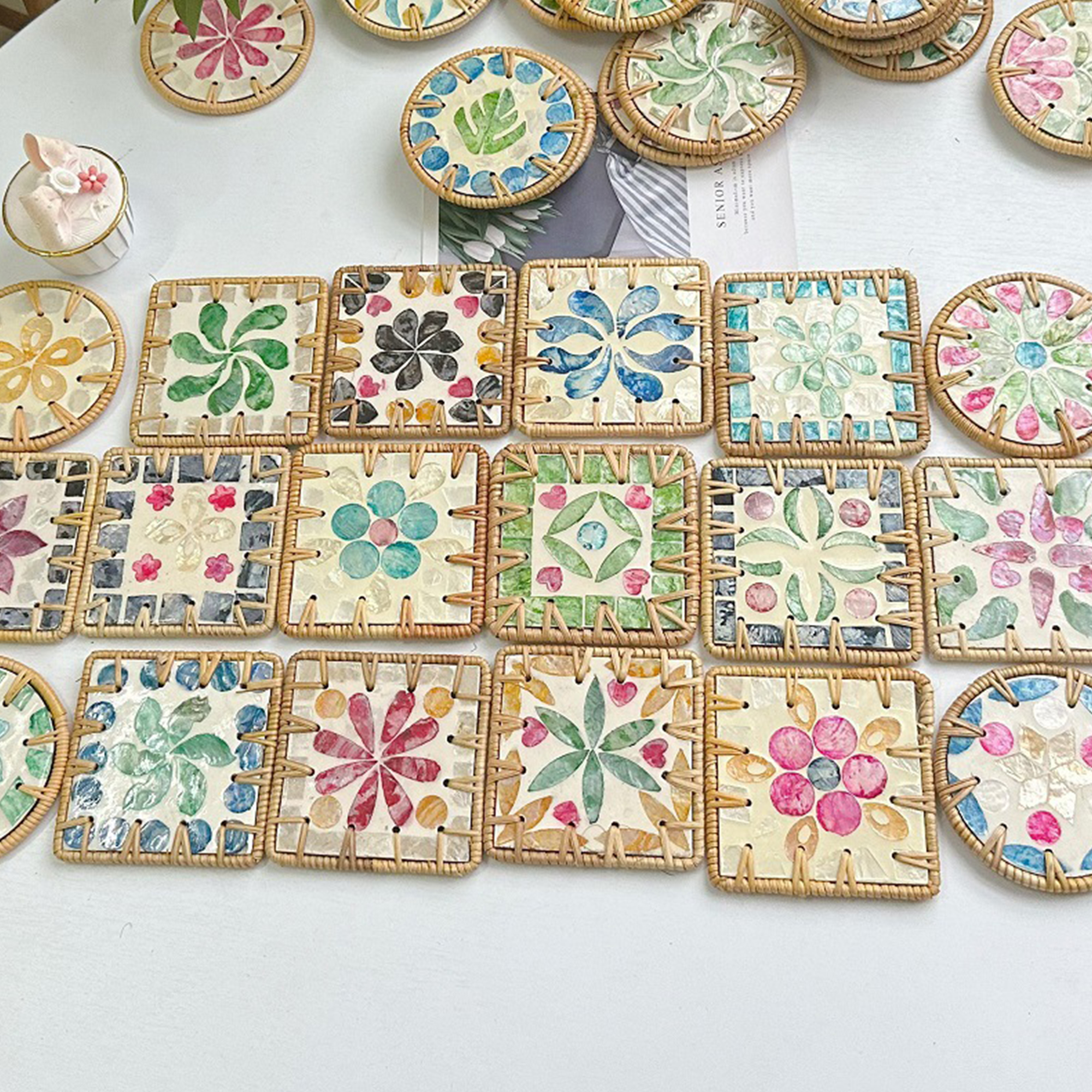 Handcrafted Seashell Mosaic Rattan Coaster MOQ25 1
