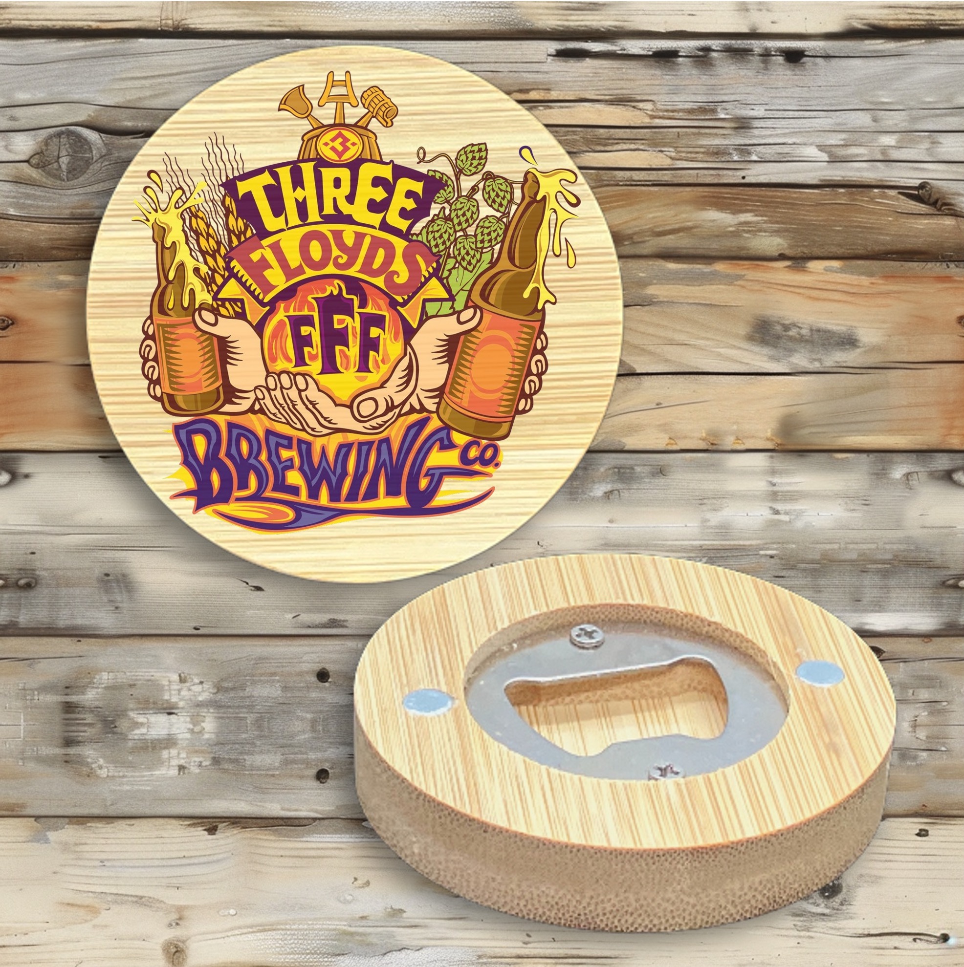 2.5" Round BAMBOO Bottle Opener Magnet 47