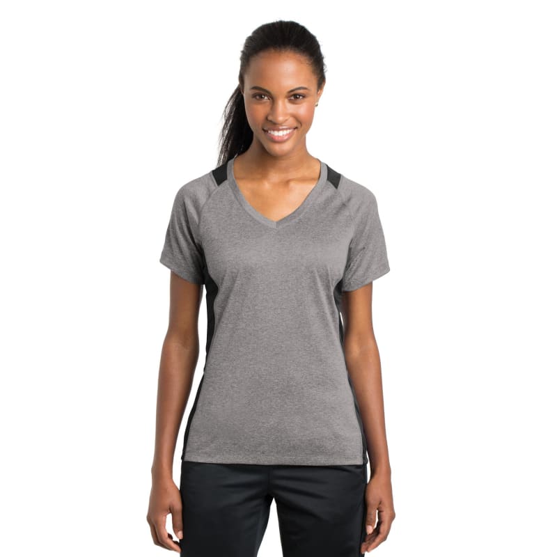 Sport-Tek Women's Heather Colorblock Contender V-Neck Tee. 34