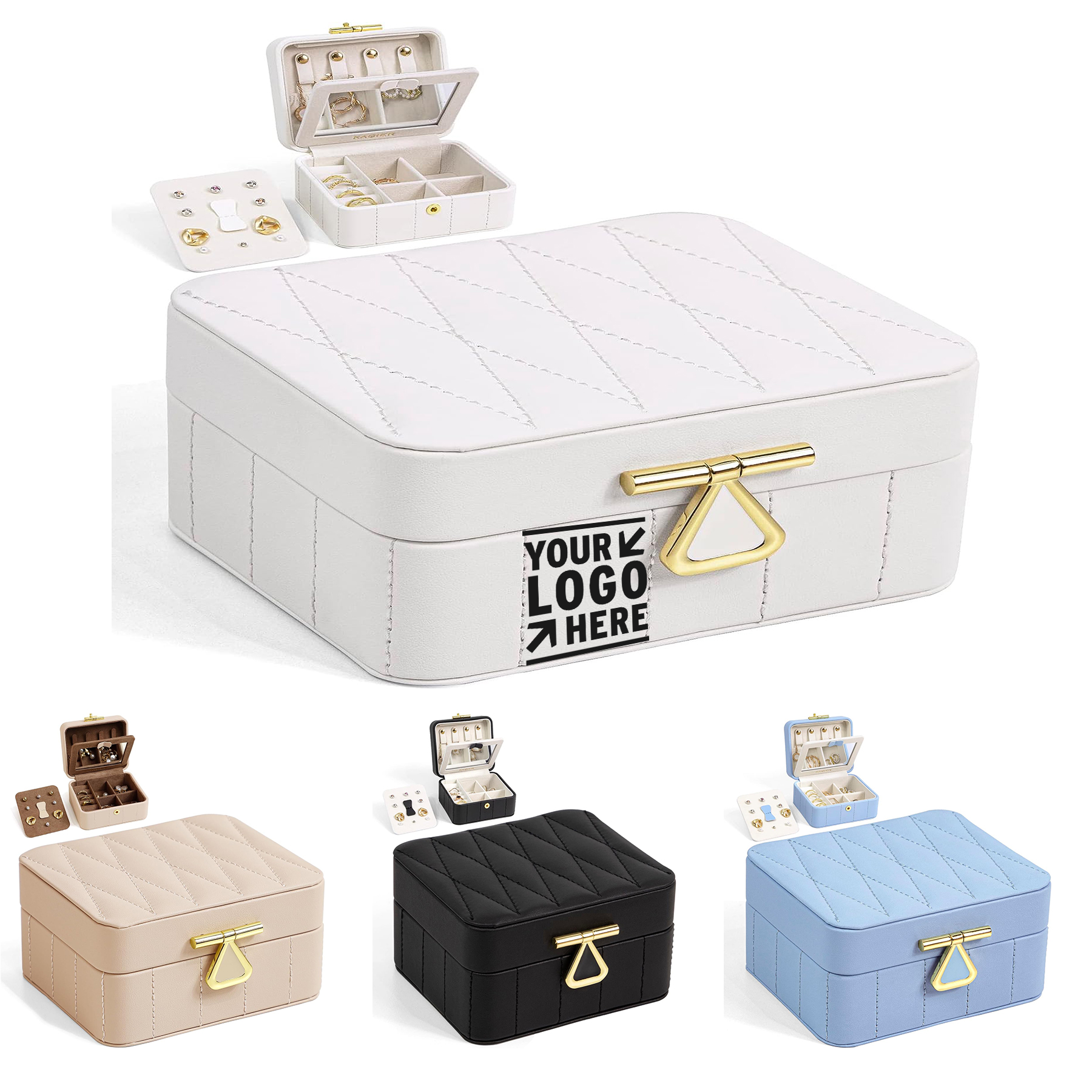 Women Travel Diamond Quilted Leather Small Jewelry Ring Organizer Box with Mirror 2