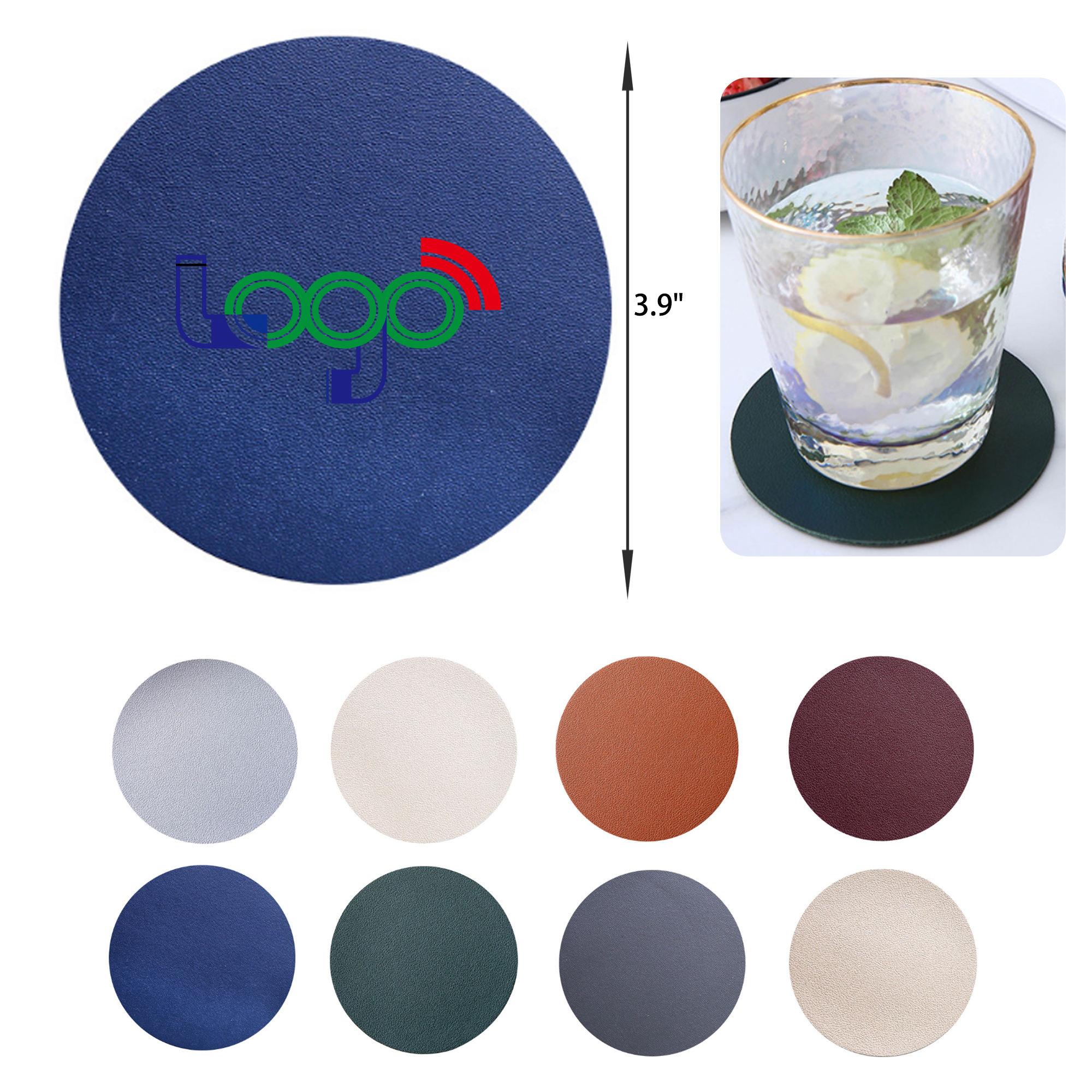 MOQ 50 PCS Durable Solid Color Round PU Leather Coaster 3