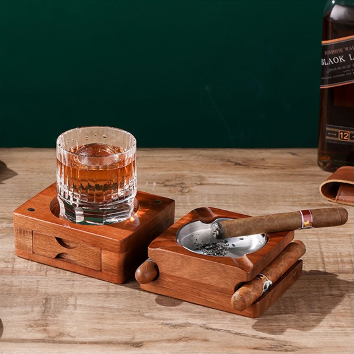 Detachable Wood Cigar Ashtray W/ Whiskey Glass Holder Drawer 3