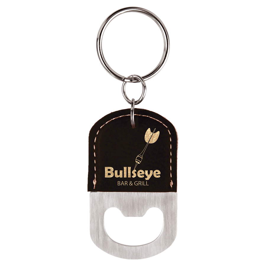 Oval Black/Gold Leatherette Bottle Opener Keychain 2
