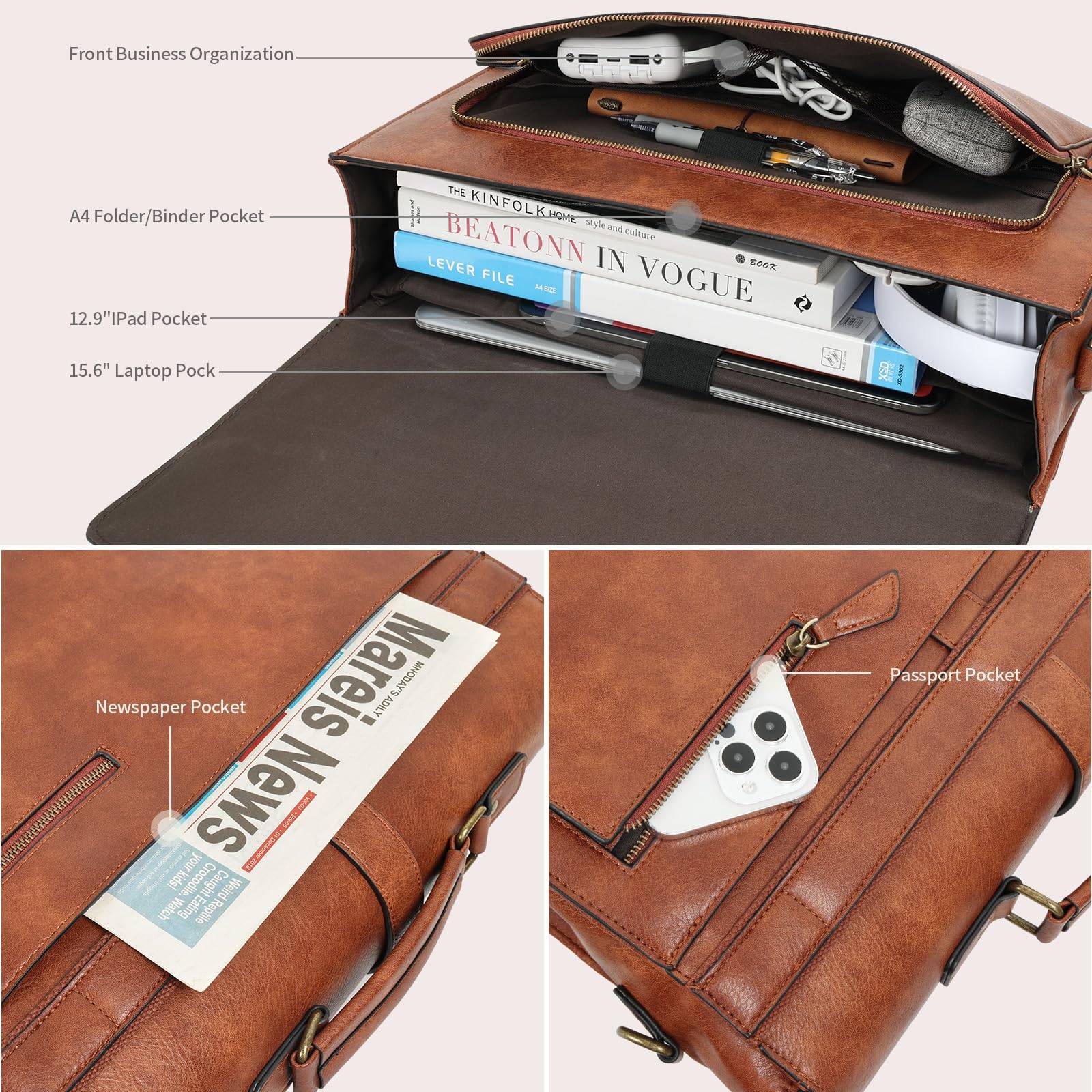 15.6 Inch Large Capacity PU Leather Laptop Bag Briefcase 5
