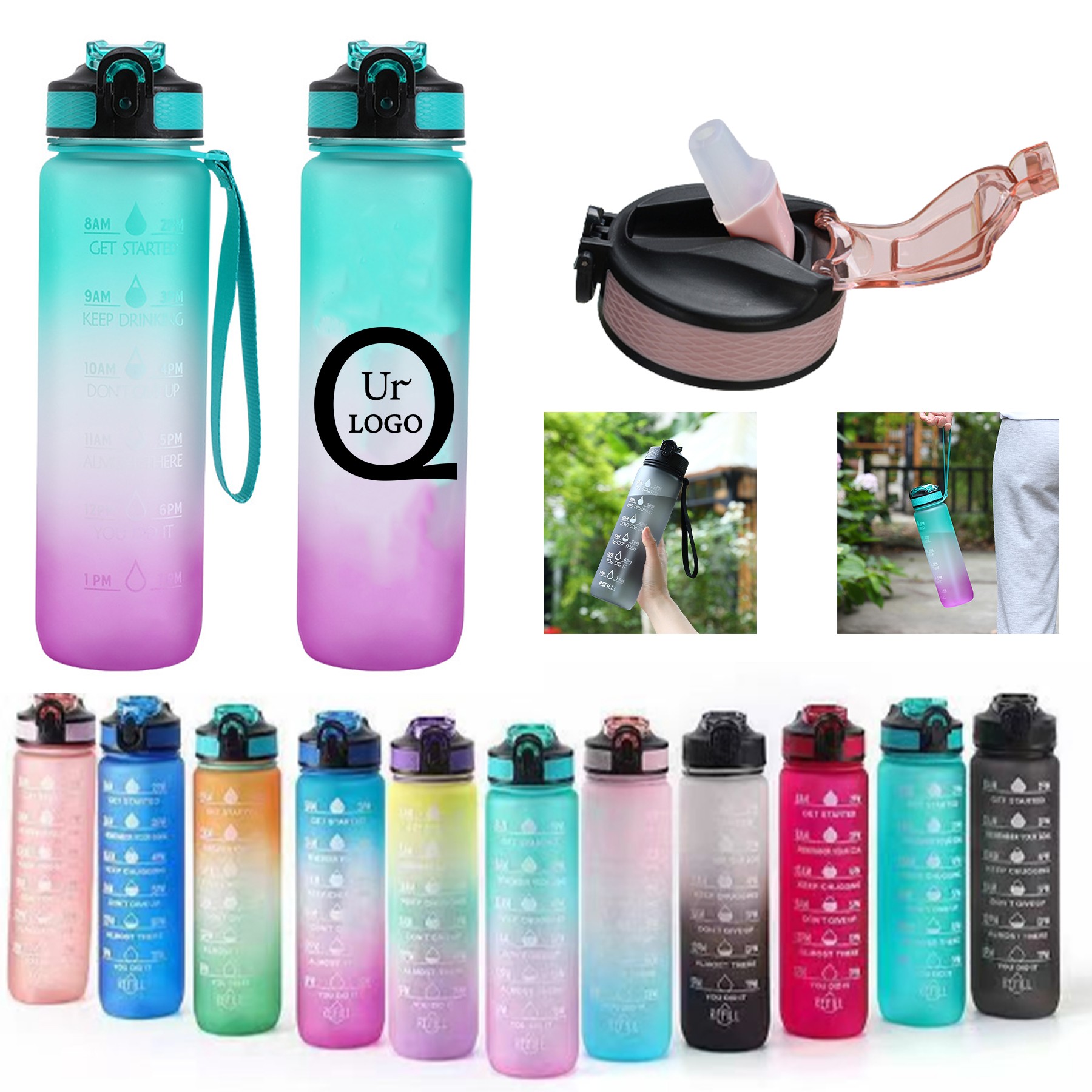 33.8Oz Plastic Time Mark Water Bottle W/ Lanyard